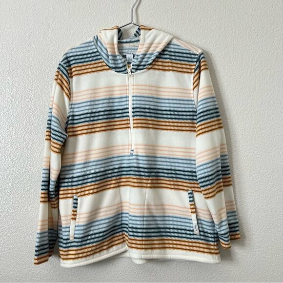 O’Neil Julia Cream 1/4 Zip Pullover Fleece Hooded Top ivory brown blue stripe - Picture 3 of 6